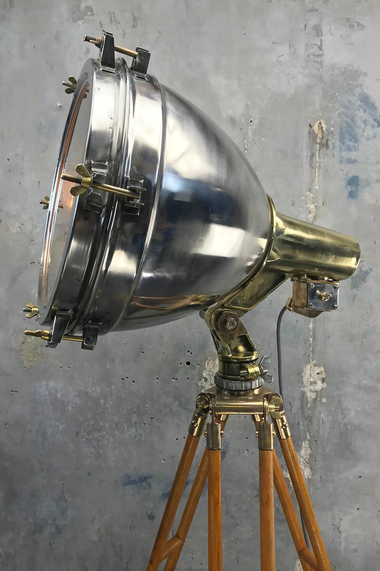 1970s Japanese Industrial Brass, Bronze and Stainless Steel Search Light Tripod For Sale 5