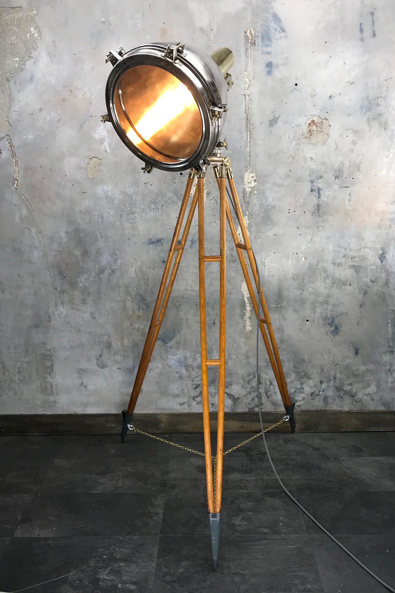 1970s Japanese Industrial Brass, Bronze and Stainless Steel Search Light Tripod 5