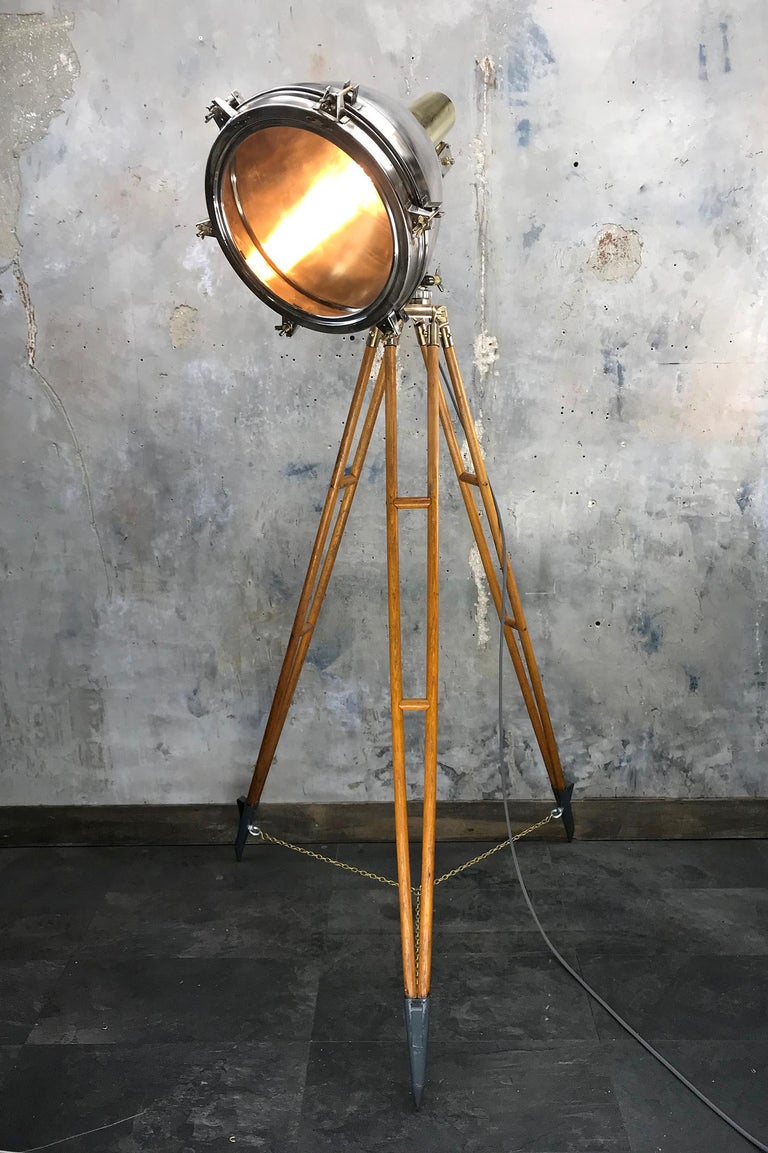 1970s Japanese Industrial Brass, Bronze and Stainless Steel Search Light Tripod For Sale 6