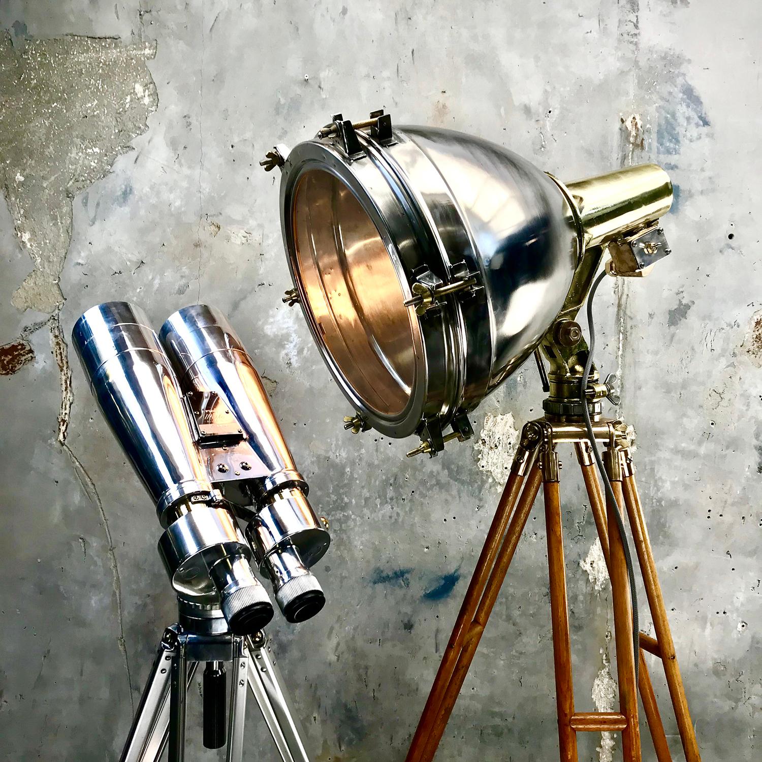 1970s Japanese Industrial Brass, Bronze and Stainless Steel Search Light Tripod For Sale 6