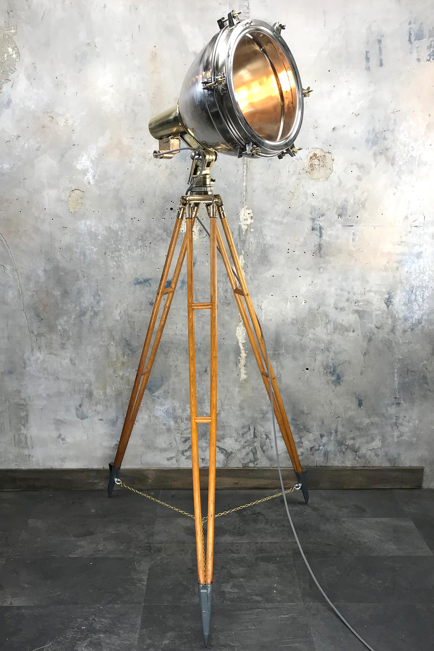 1970s Japanese Industrial Brass, Bronze and Stainless Steel Search Light Tripod For Sale 8