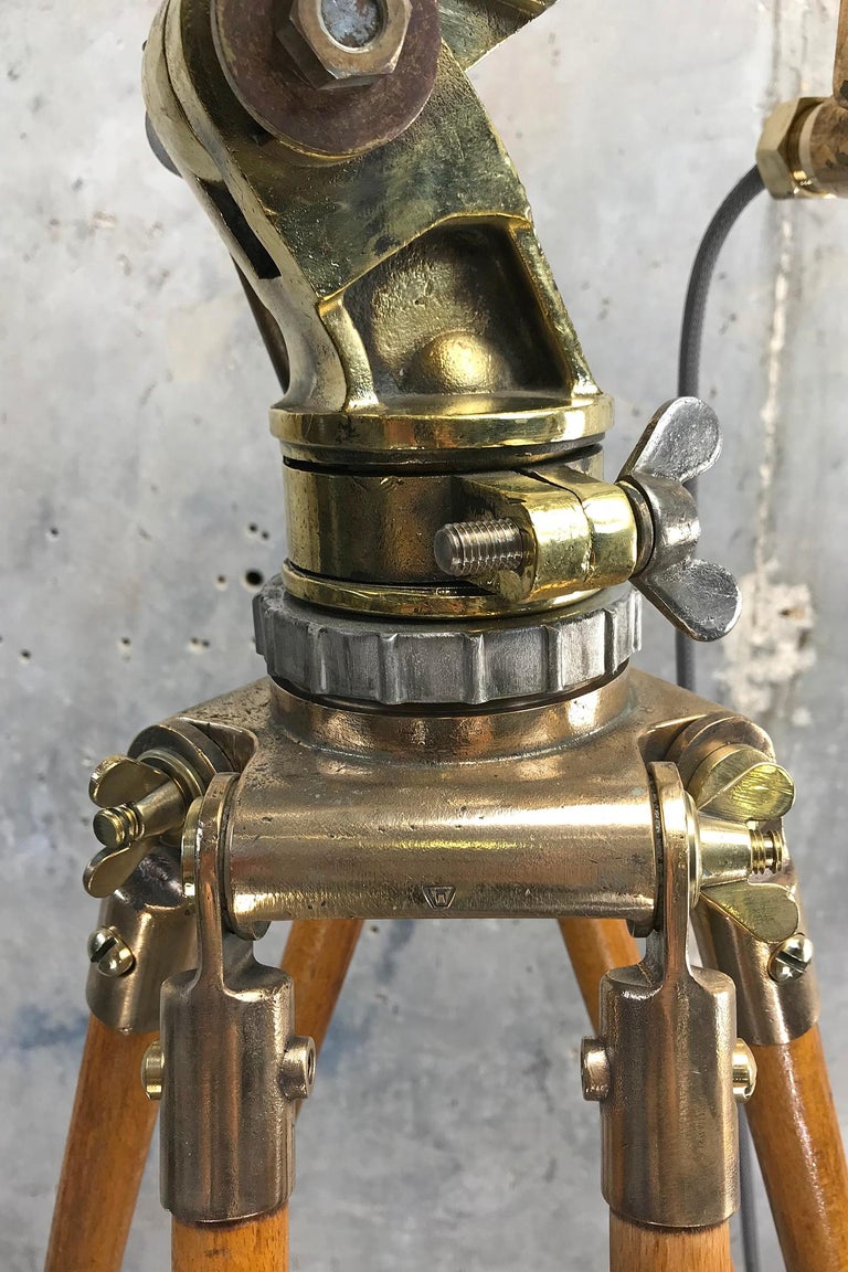 1970s Japanese Industrial Brass, Bronze and Stainless Steel Search Light Tripod For Sale 9
