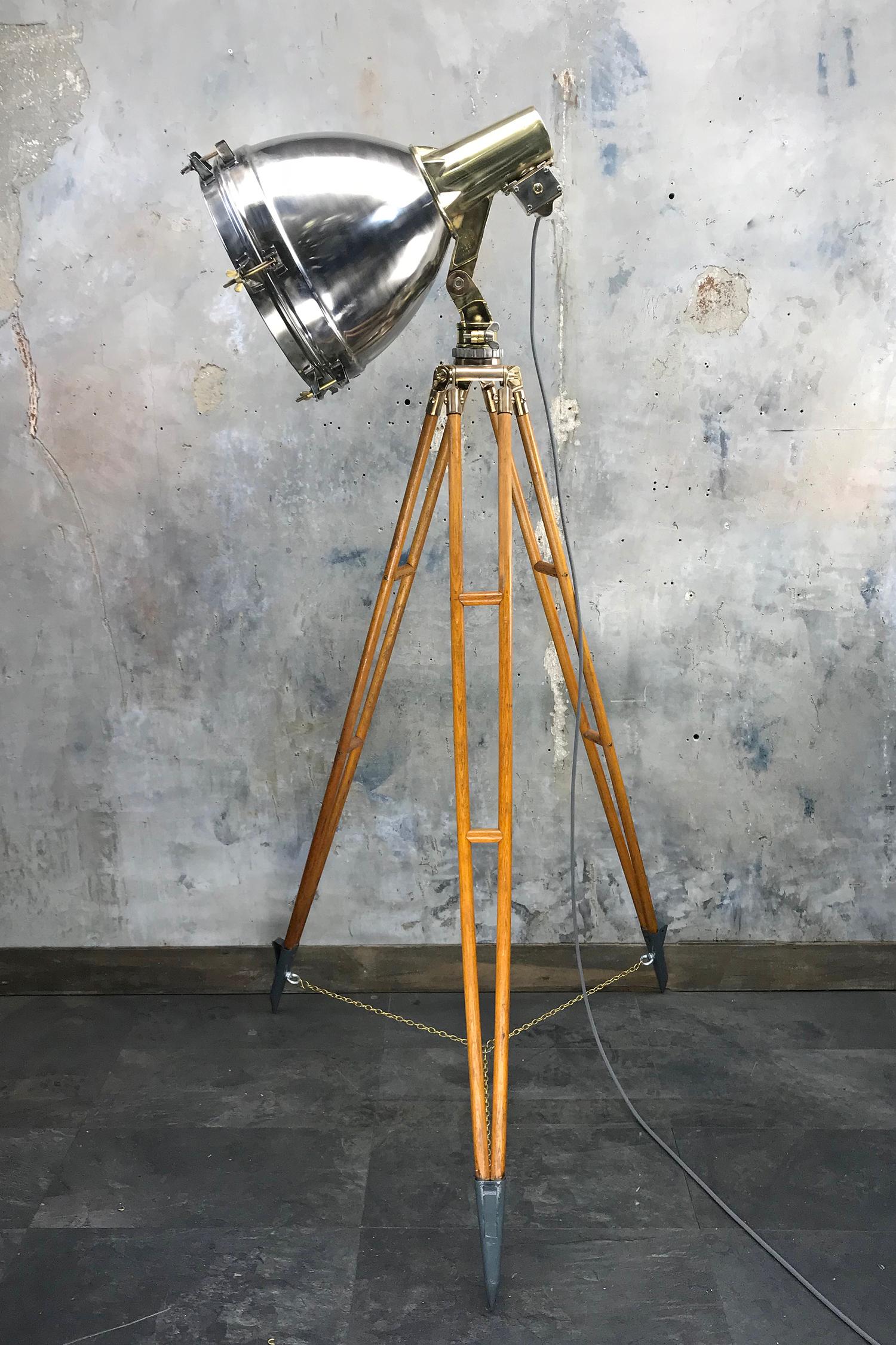 1970s Japanese Industrial Brass, Bronze and Stainless Steel Search Light Tripod 11