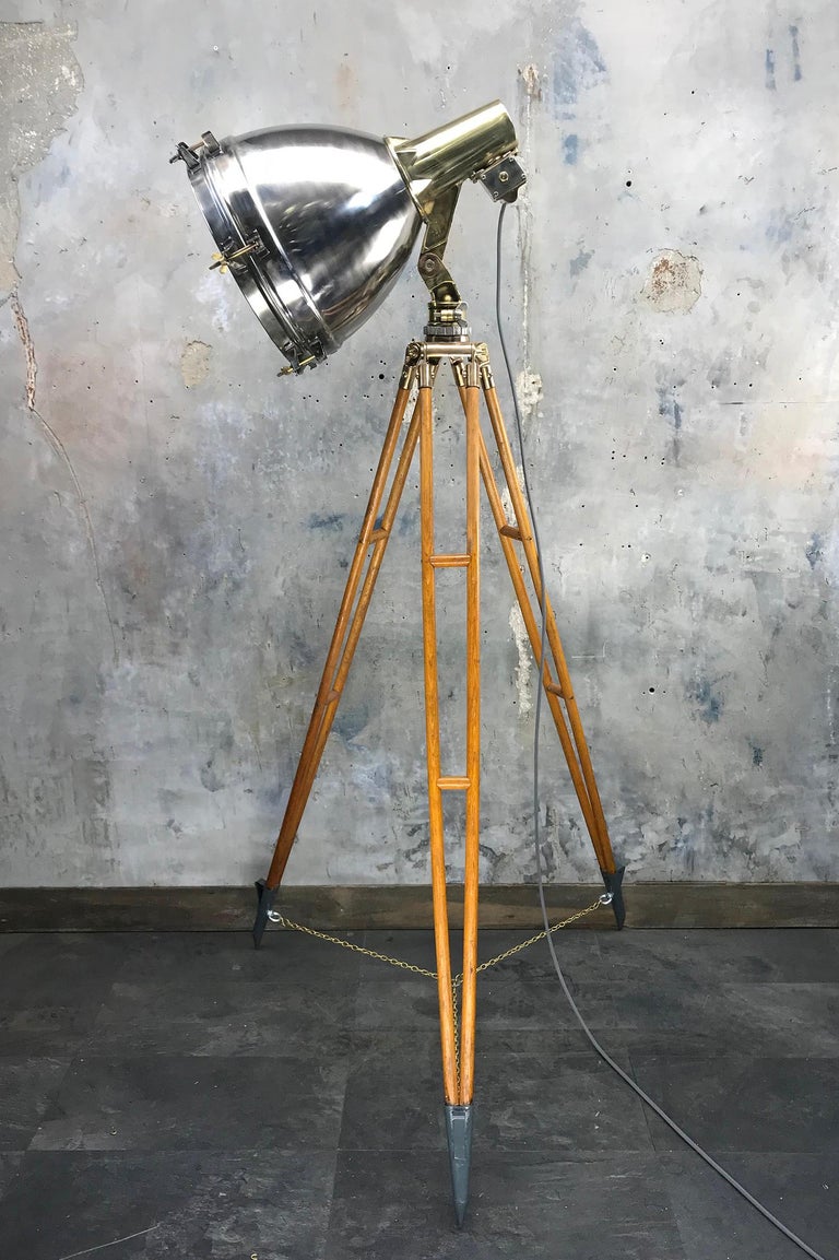 1970s Japanese Industrial Brass, Bronze and Stainless Steel Search Light Tripod For Sale 12