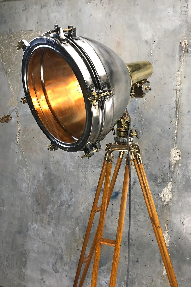 1970s Japanese Industrial Brass, Bronze and Stainless Steel Search Light Tripod For Sale 14