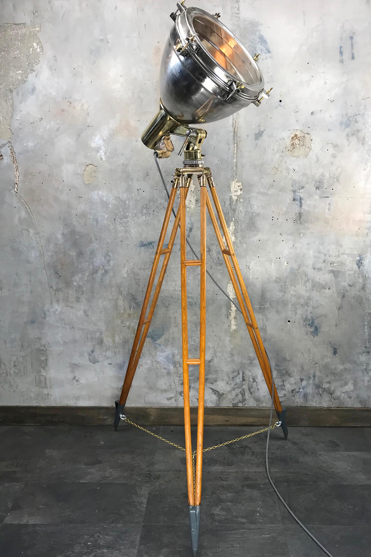 Carved 1970s Japanese Industrial Brass, Bronze and Stainless Steel Search Light Tripod