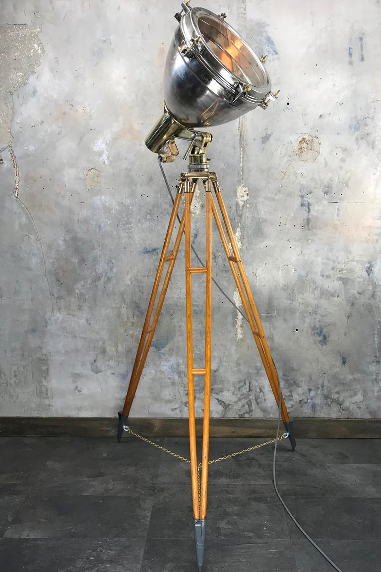 Carved 1970s Japanese Industrial Brass, Bronze and Stainless Steel Search Light Tripod For Sale