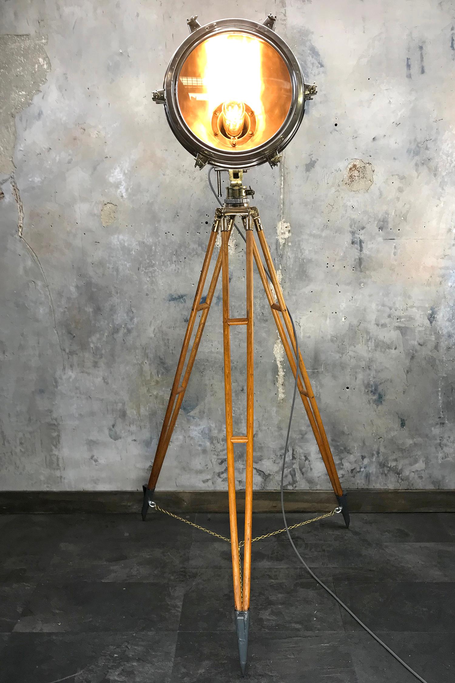Carved 1970s Japanese Industrial Brass, Bronze and Stainless Steel Search Light Tripod For Sale