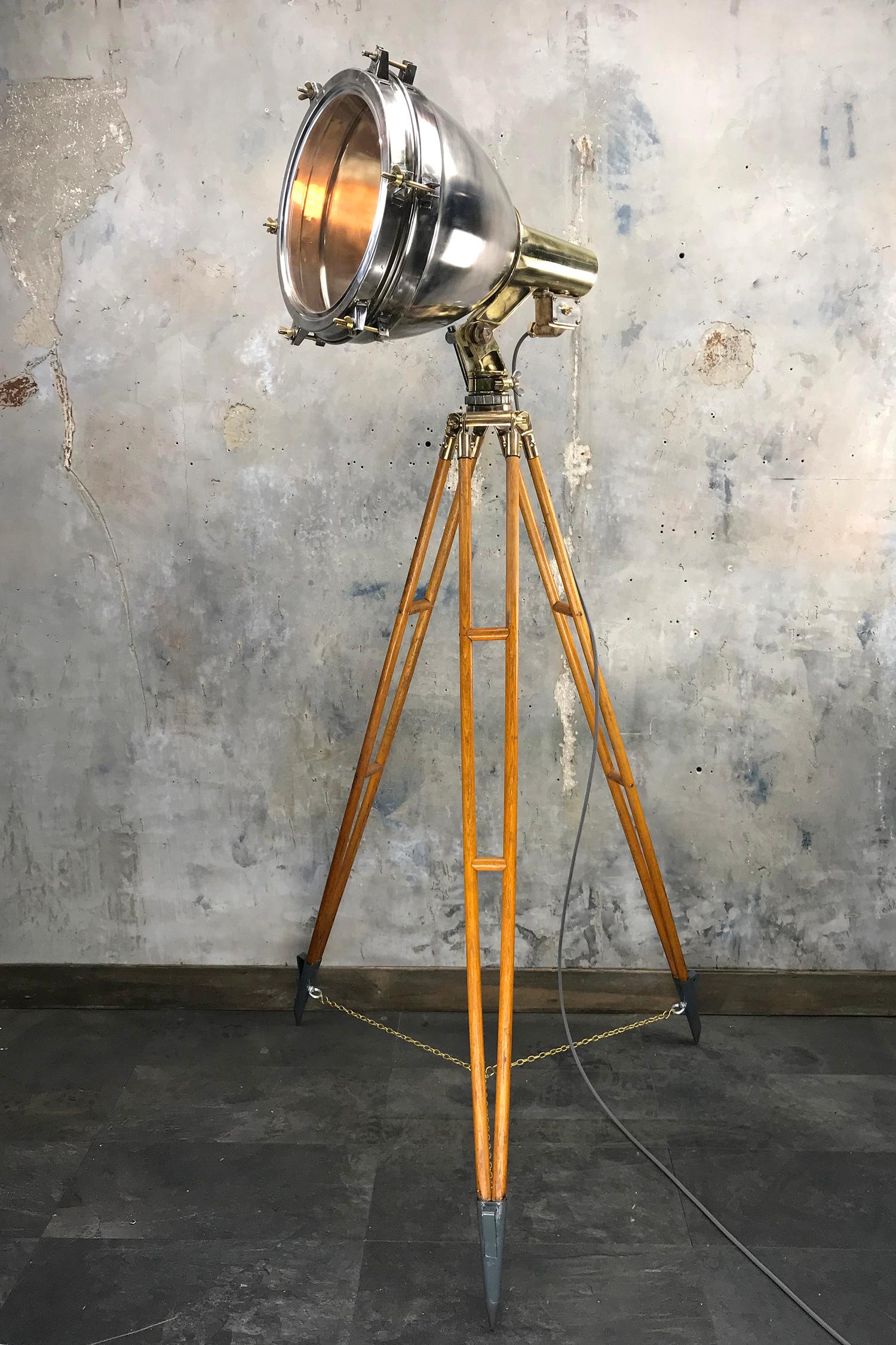 1970s Japanese Industrial Brass, Bronze and Stainless Steel Search Light Tripod In Excellent Condition In Leicester, Leicestershire