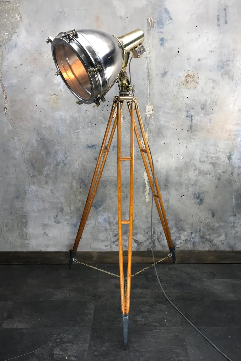 Late 20th Century 1970s Japanese Industrial Brass, Bronze and Stainless Steel Search Light Tripod For Sale