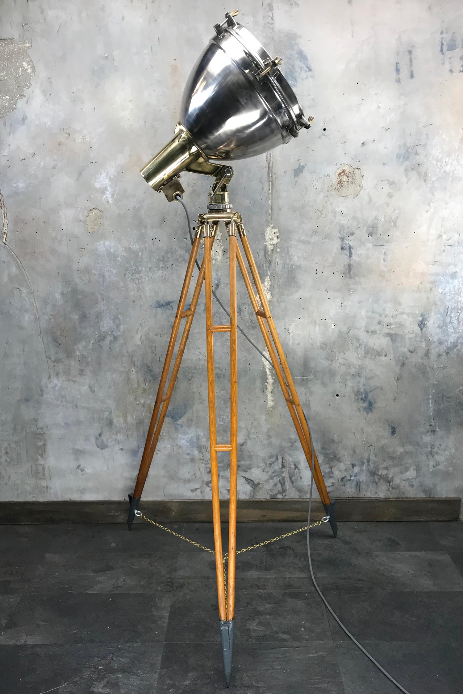 Glass 1970s Japanese Industrial Brass, Bronze and Stainless Steel Search Light Tripod