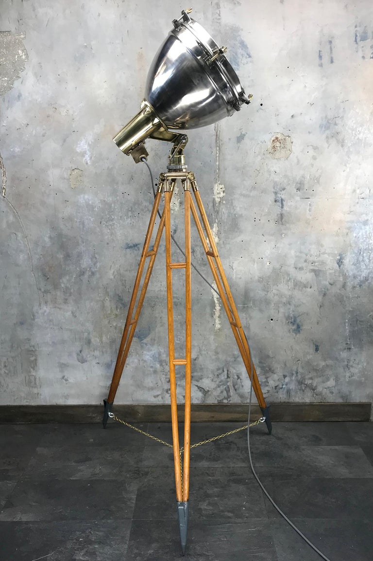 1970s Japanese Industrial Brass, Bronze and Stainless Steel Search Light Tripod For Sale 1