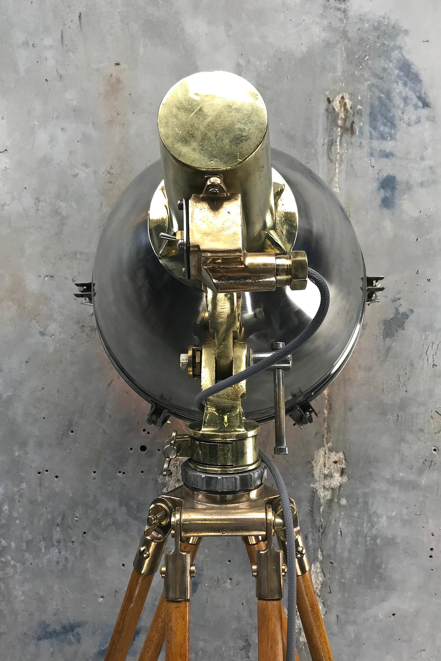 1970s Japanese Industrial Brass, Bronze and Stainless Steel Search Light Tripod For Sale 1