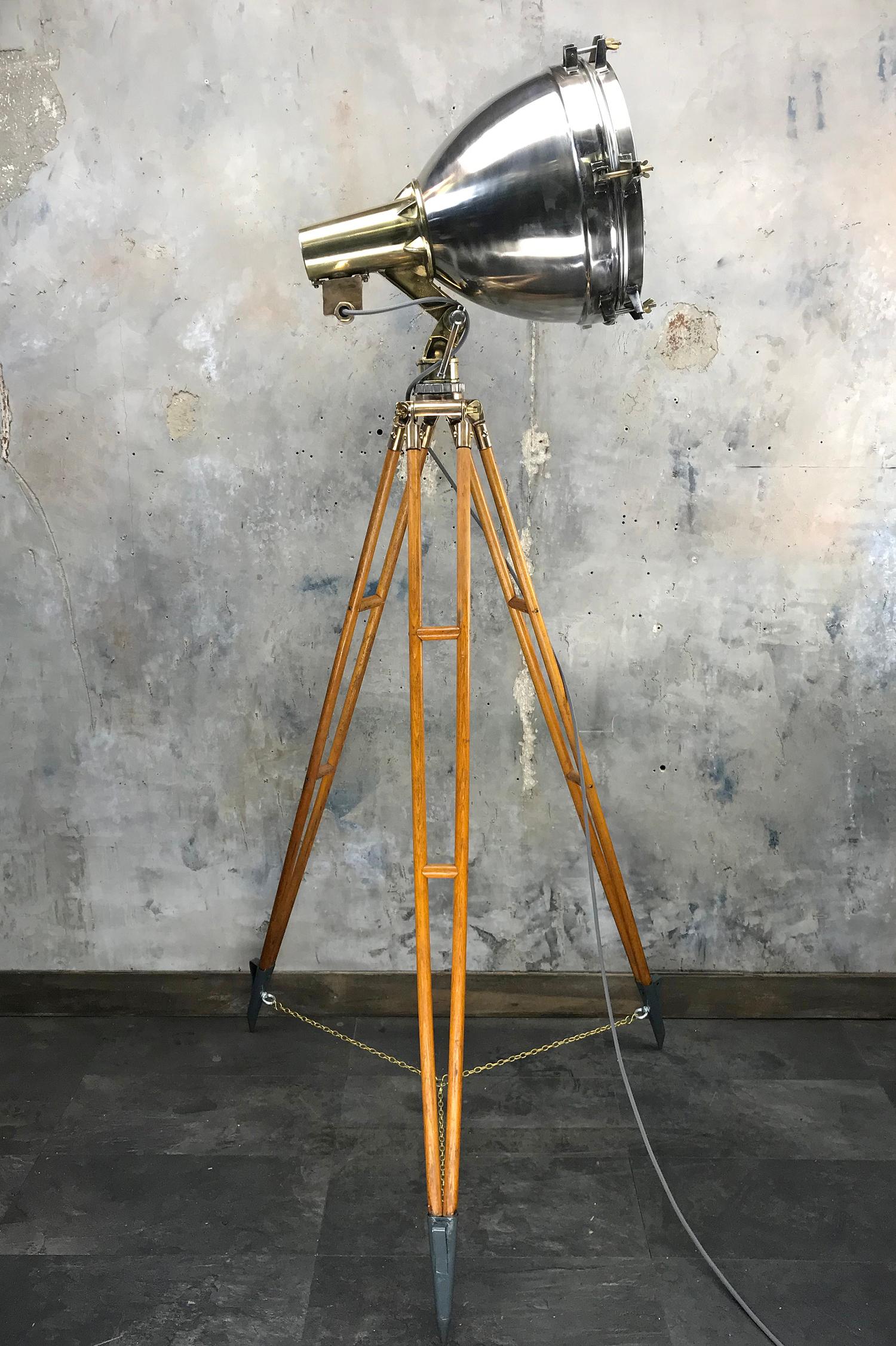 1970s Japanese Industrial Brass, Bronze and Stainless Steel Search Light Tripod For Sale 3
