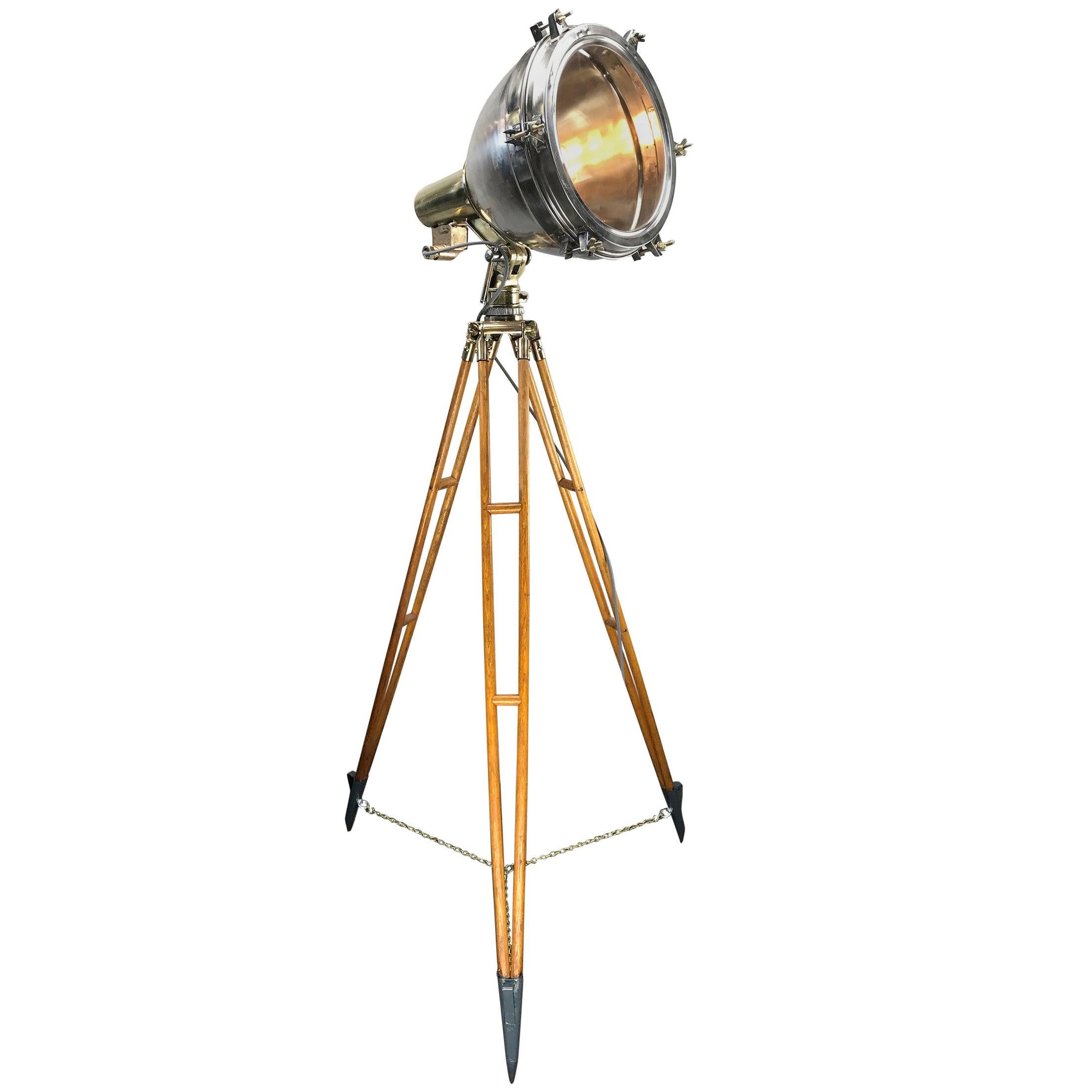 1970s Japanese Industrial Brass, Bronze and Stainless Steel Search Light Tripod