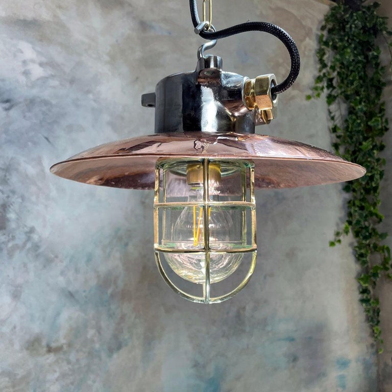 1970s Japanese Industrial Cast Iron and Copper Pendant Brass Cage and Glass Dome For Sale 7