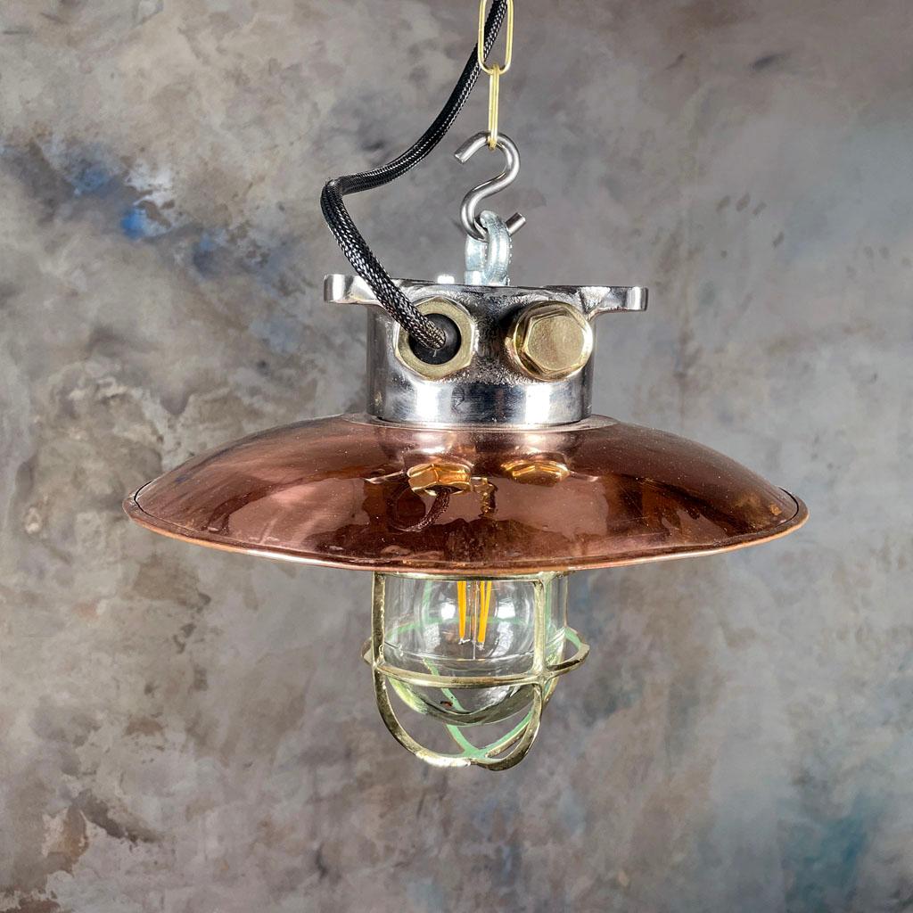 1970s Japanese Industrial Cast Iron and Copper Pendant Brass Cage and Glass Dome For Sale 10