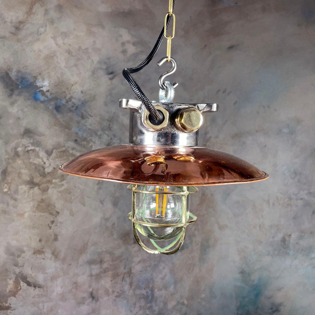 1970s Japanese Industrial Cast Iron and Copper Pendant Brass Cage and Glass Dome For Sale 11