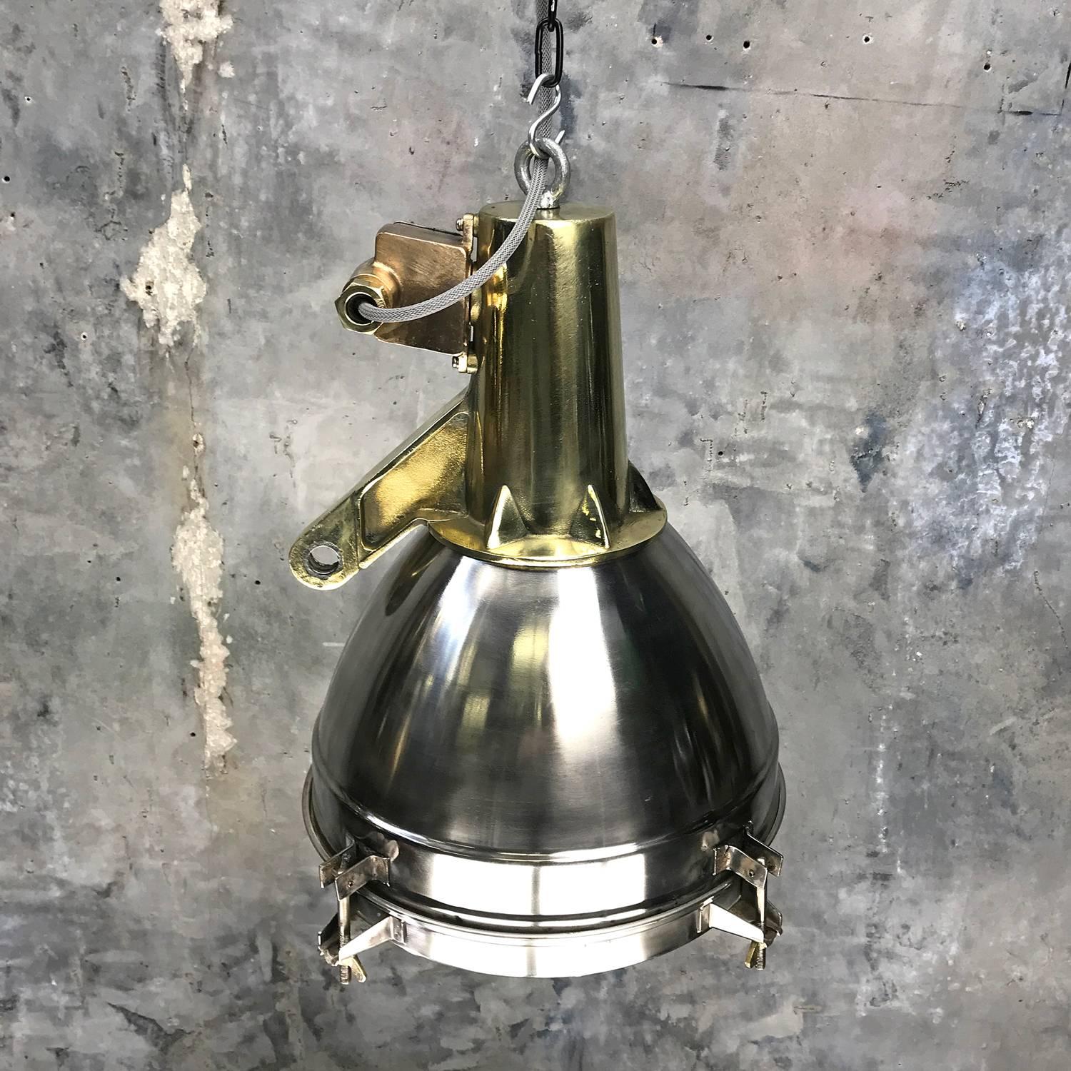 1970s Japanese Large Stainless Steel, Cast Brass and Bronze Search Light Pendant For Sale 6
