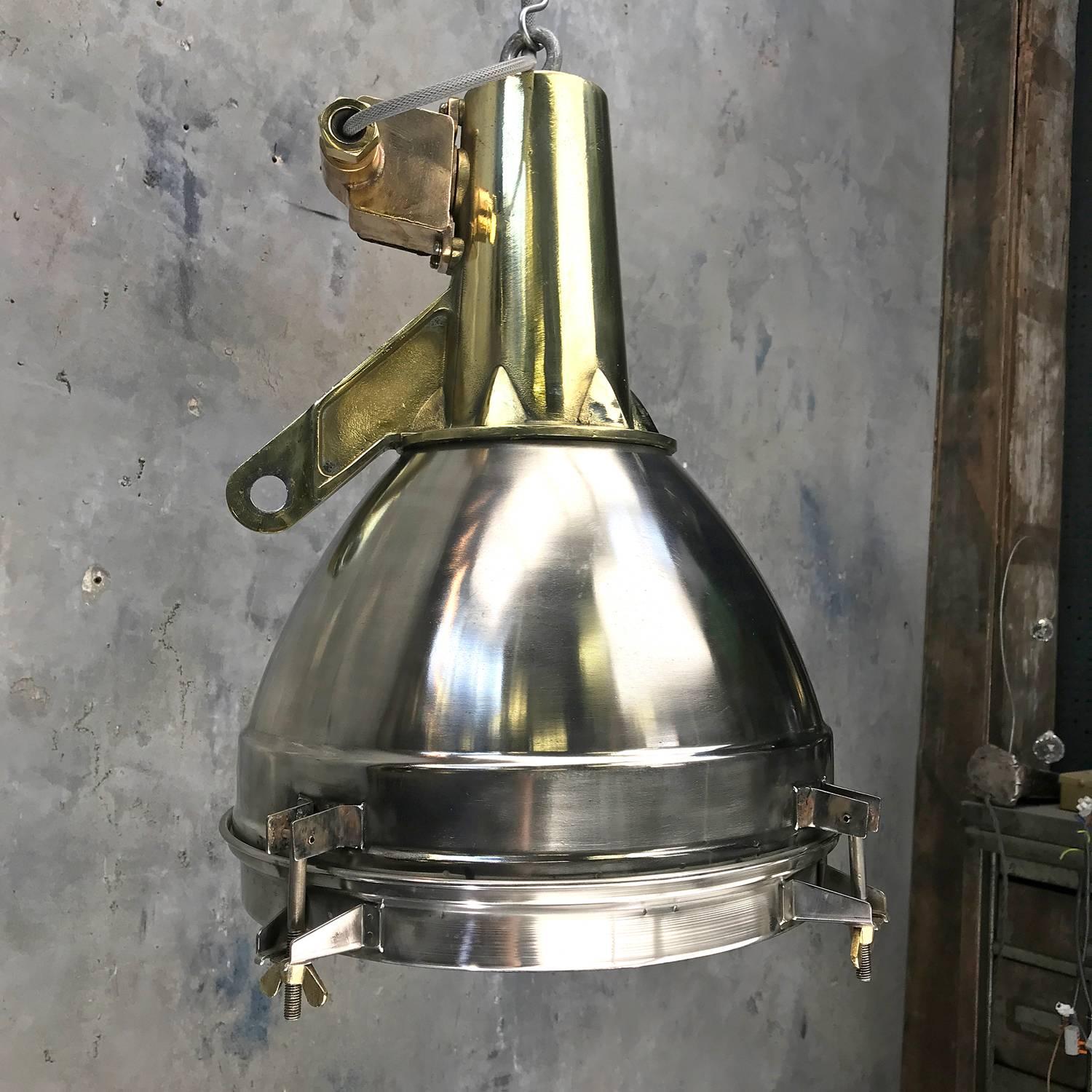 Industrial 1970s Japanese Large Stainless Steel, Cast Brass and Bronze Search Light Pendant For Sale