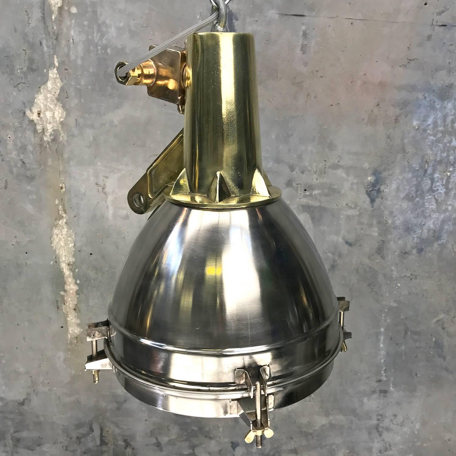 1970s Japanese Large Stainless Steel, Cast Brass and Bronze Search Light Pendant In Good Condition For Sale In Leicester, Leicestershire