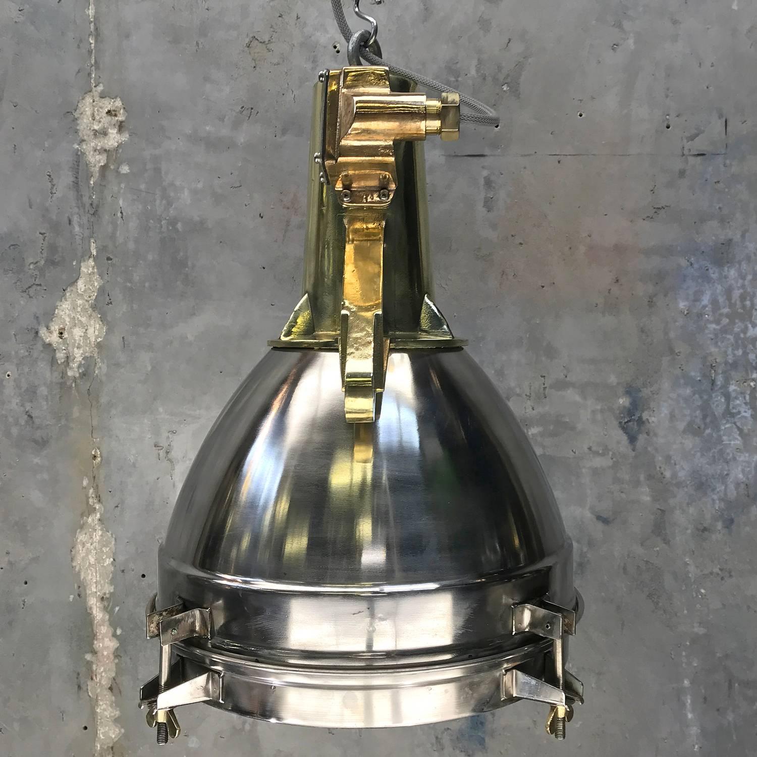 1970s Japanese Large Stainless Steel, Cast Brass and Bronze Search Light Pendant For Sale 1