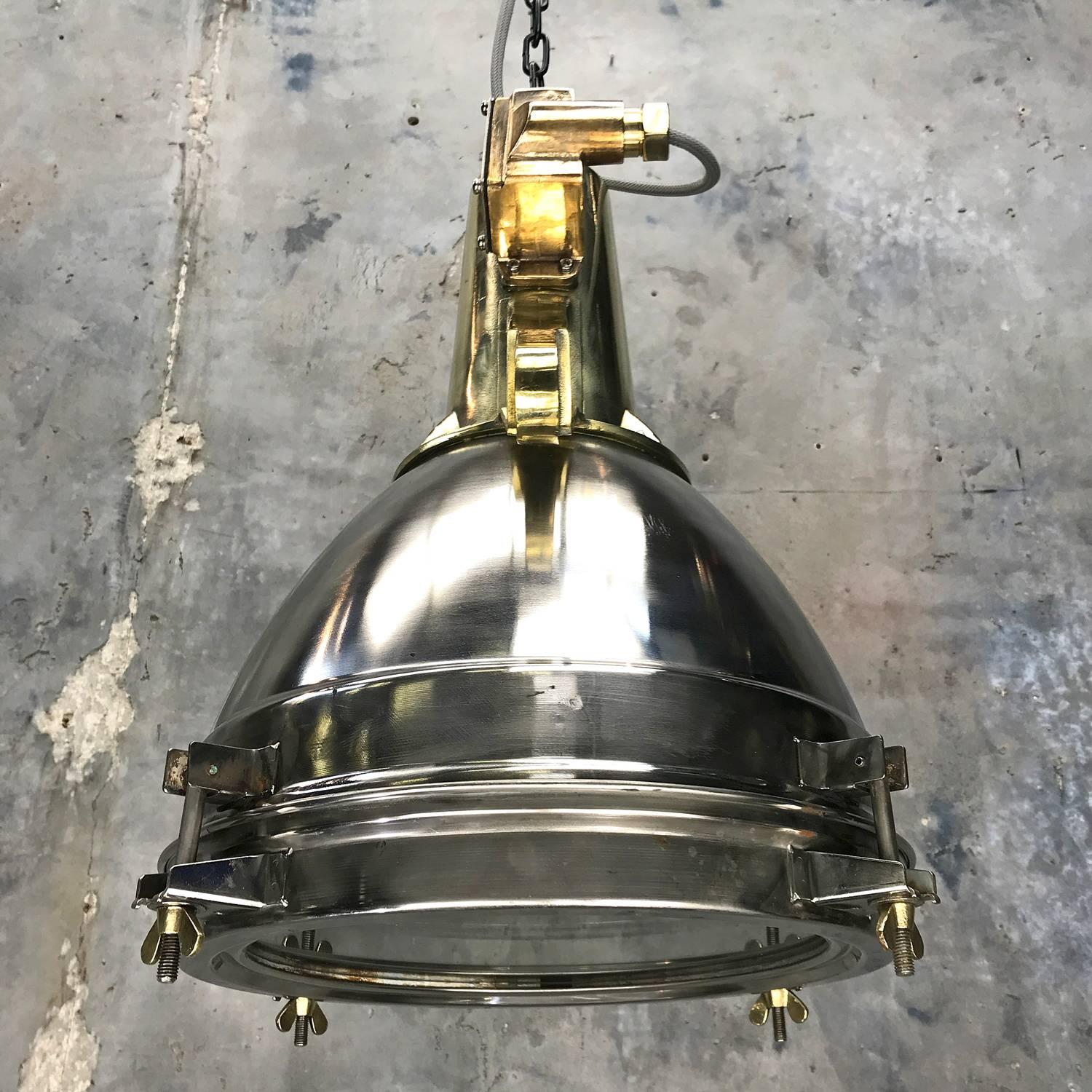 1970s Japanese Large Stainless Steel, Cast Brass and Bronze Search Light Pendant For Sale 2