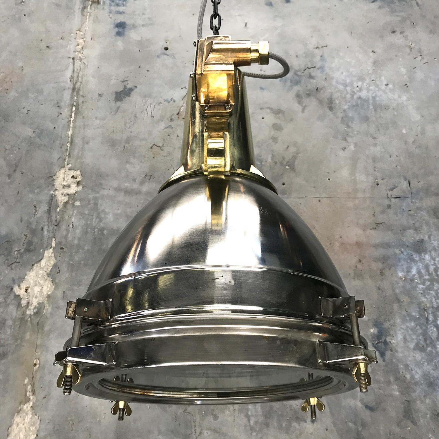 1970s Japanese Large Stainless Steel, Cast Brass and Glass Search Light Pendant For Sale 4