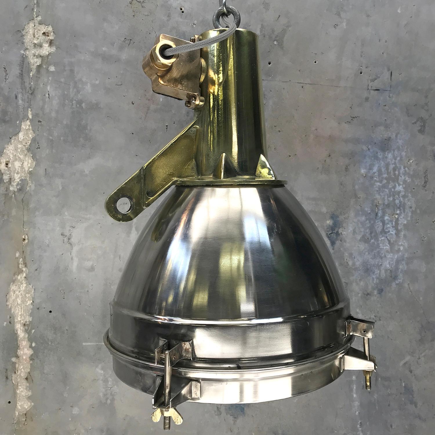 1970s Japanese Large Stainless Steel, Cast Brass and Glass Search Light Pendant For Sale 6