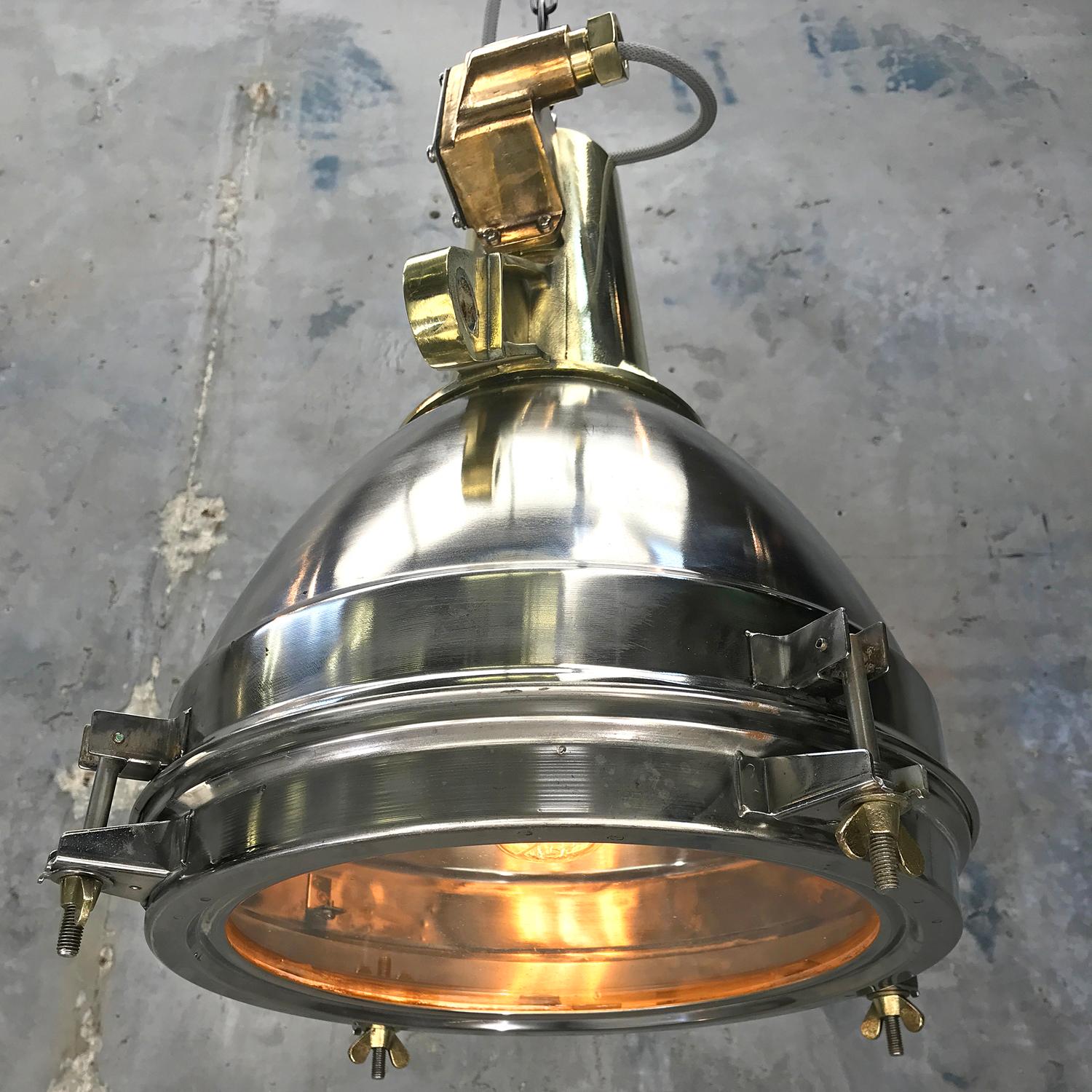 1970s Japanese Large Stainless Steel, Cast Brass and Glass Search Light Pendant For Sale 11