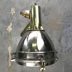 1970s Japanese Large Stainless Steel, Cast Brass and Glass Search Light Pendant