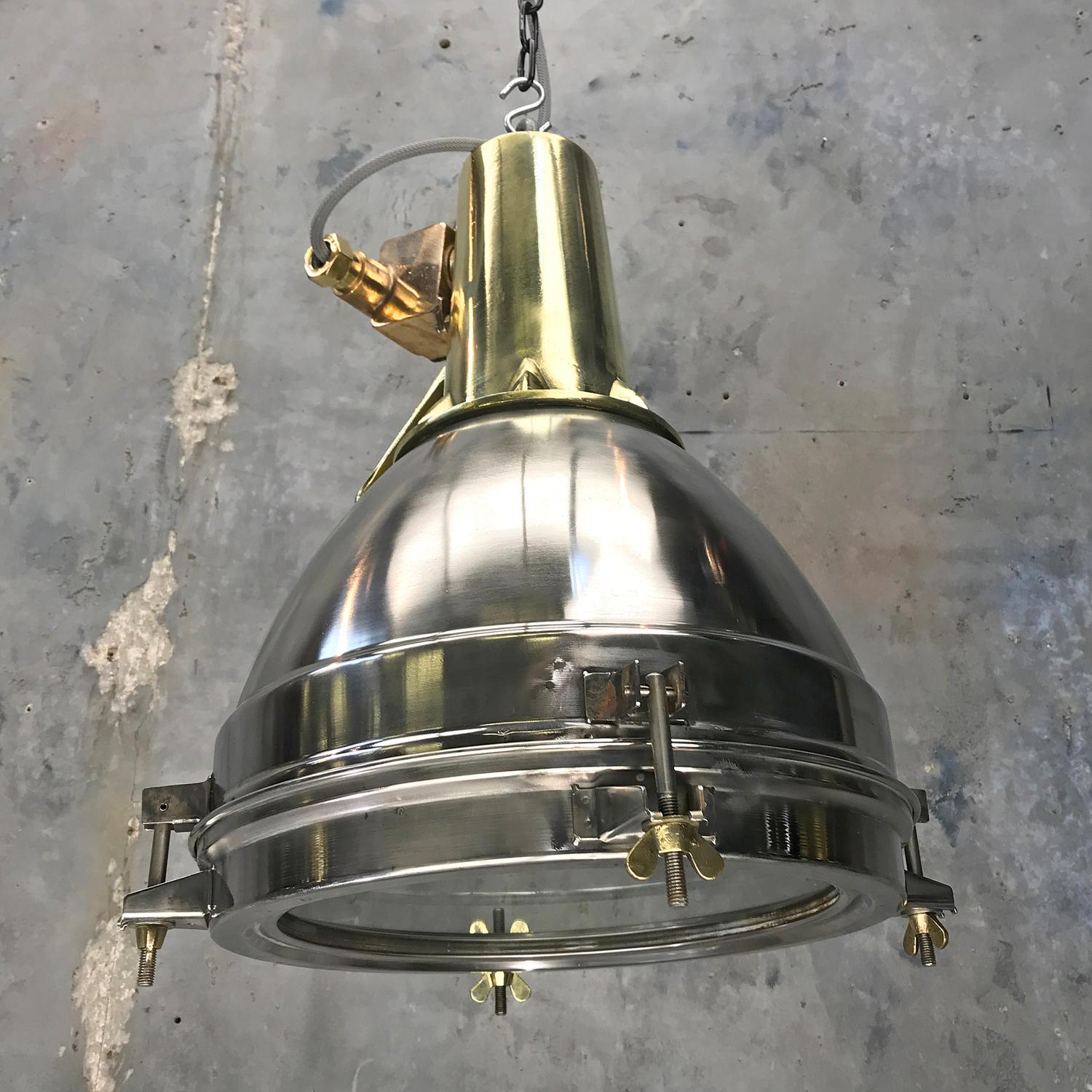 Industrial 1970s Japanese Large Stainless Steel, Cast Brass & Glass Search Light Pendant