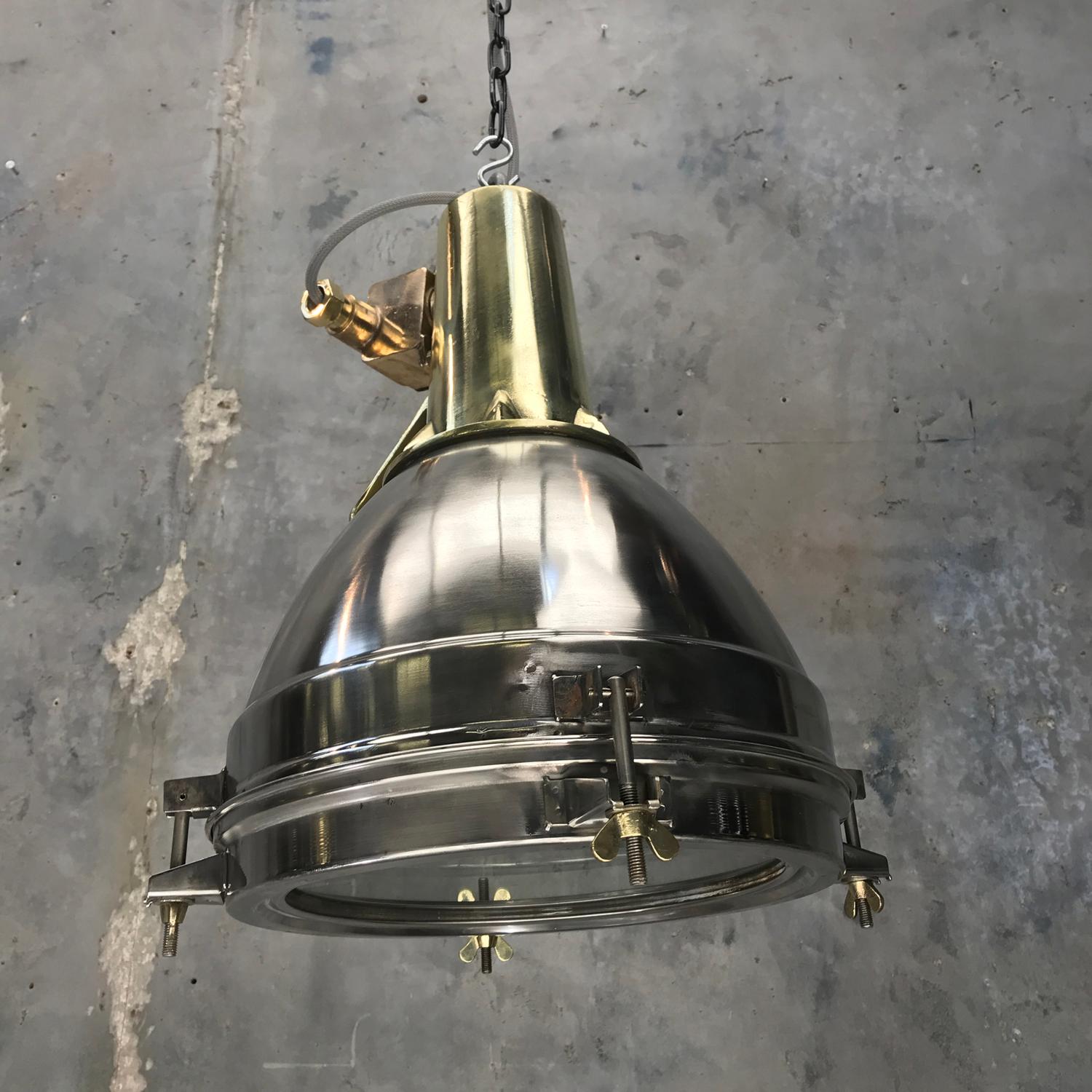 1970s Japanese Large Stainless Steel, Cast Brass & Glass Search Light Pendant In Good Condition In Leicester, Leicestershire