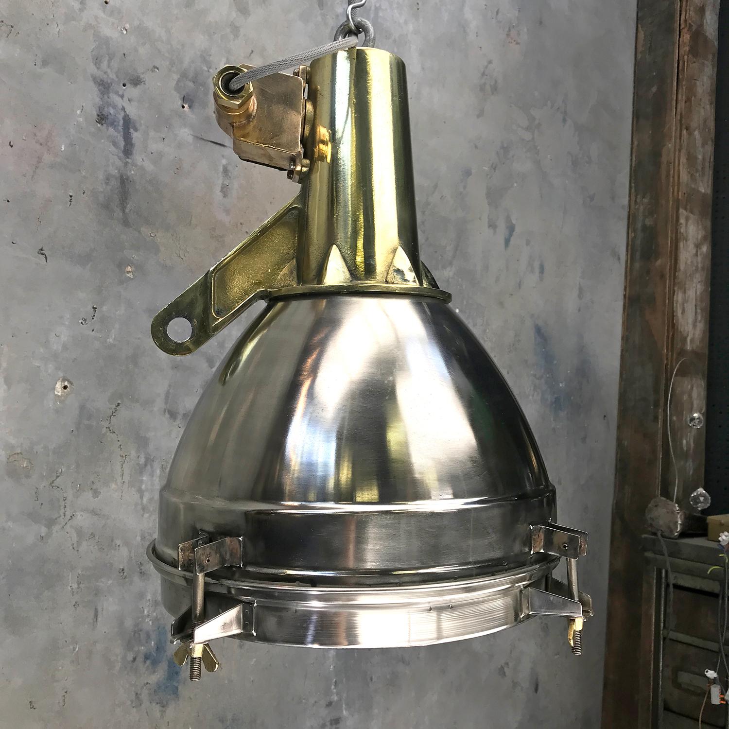 1970s Japanese Large Stainless Steel, Cast Brass and Glass Search Light Pendant In Good Condition For Sale In Leicester, Leicestershire