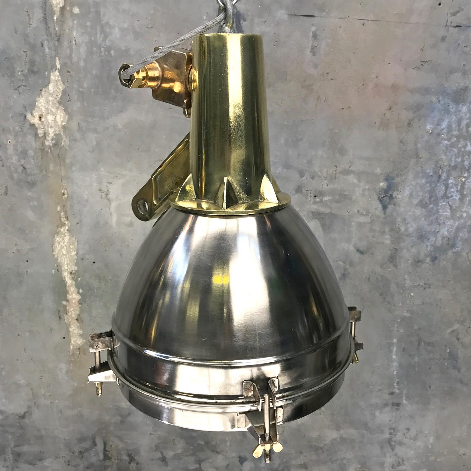 Late 20th Century 1970s Japanese Large Stainless Steel, Cast Brass and Glass Search Light Pendant For Sale