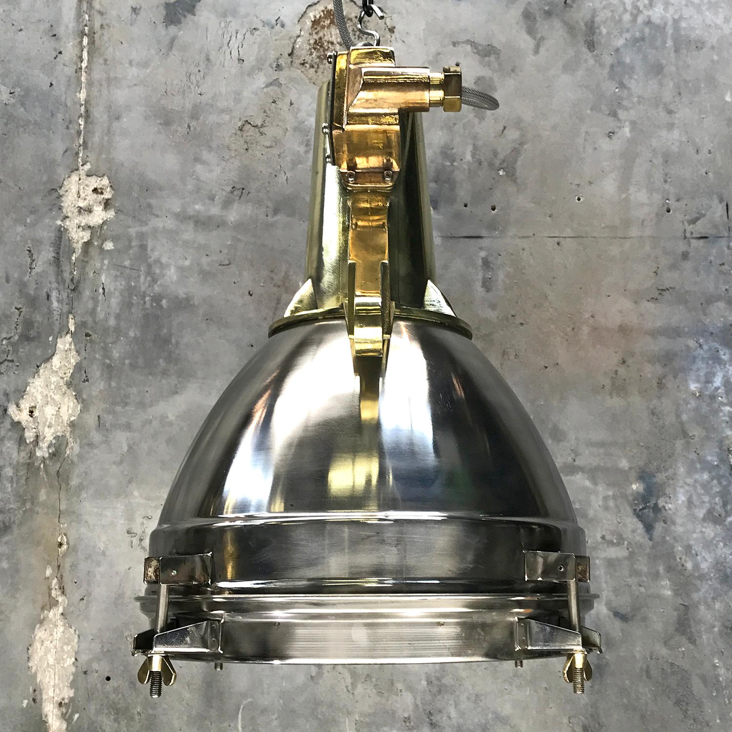 1970s Japanese Large Stainless Steel, Cast Brass and Glass Search Light Pendant For Sale 3