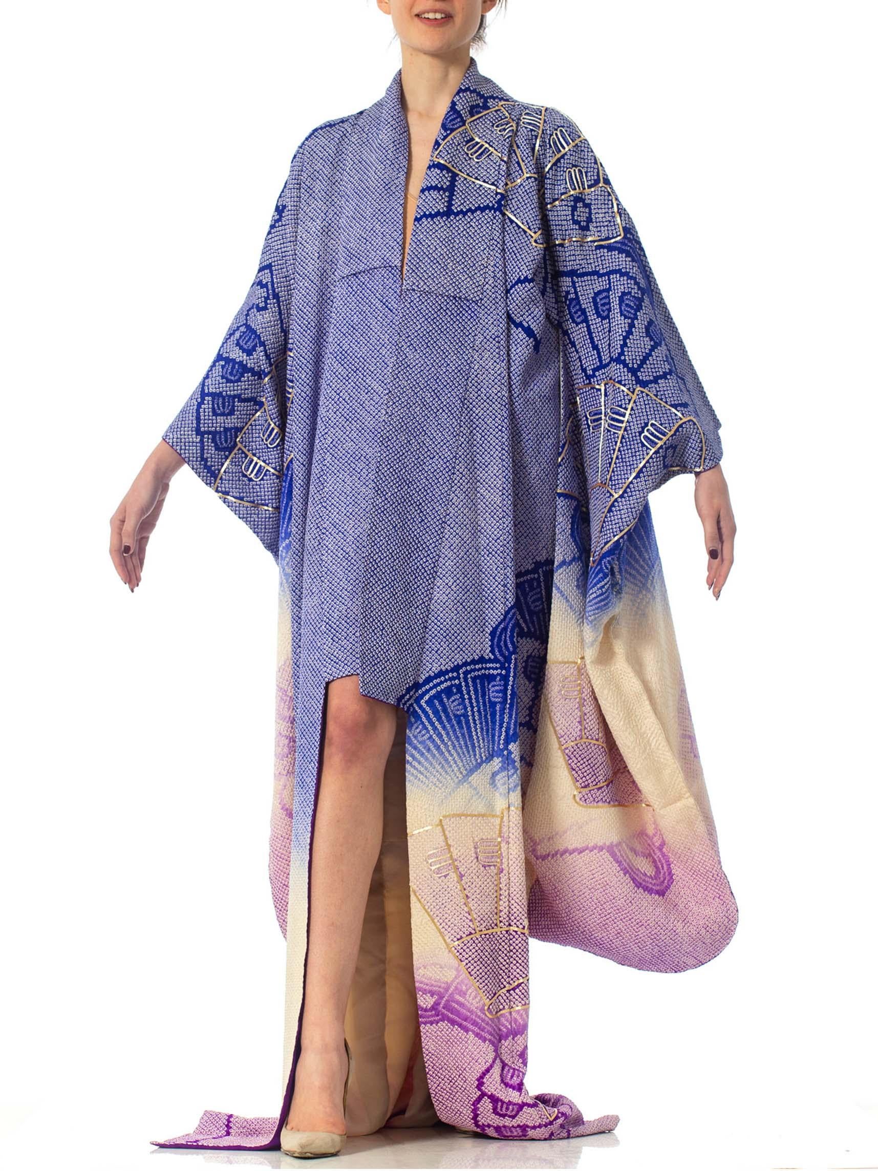 1970'S Japanese Shibori Hand Dyed Ombre Blue To Purple Silk Gold Embroidered  Kimono