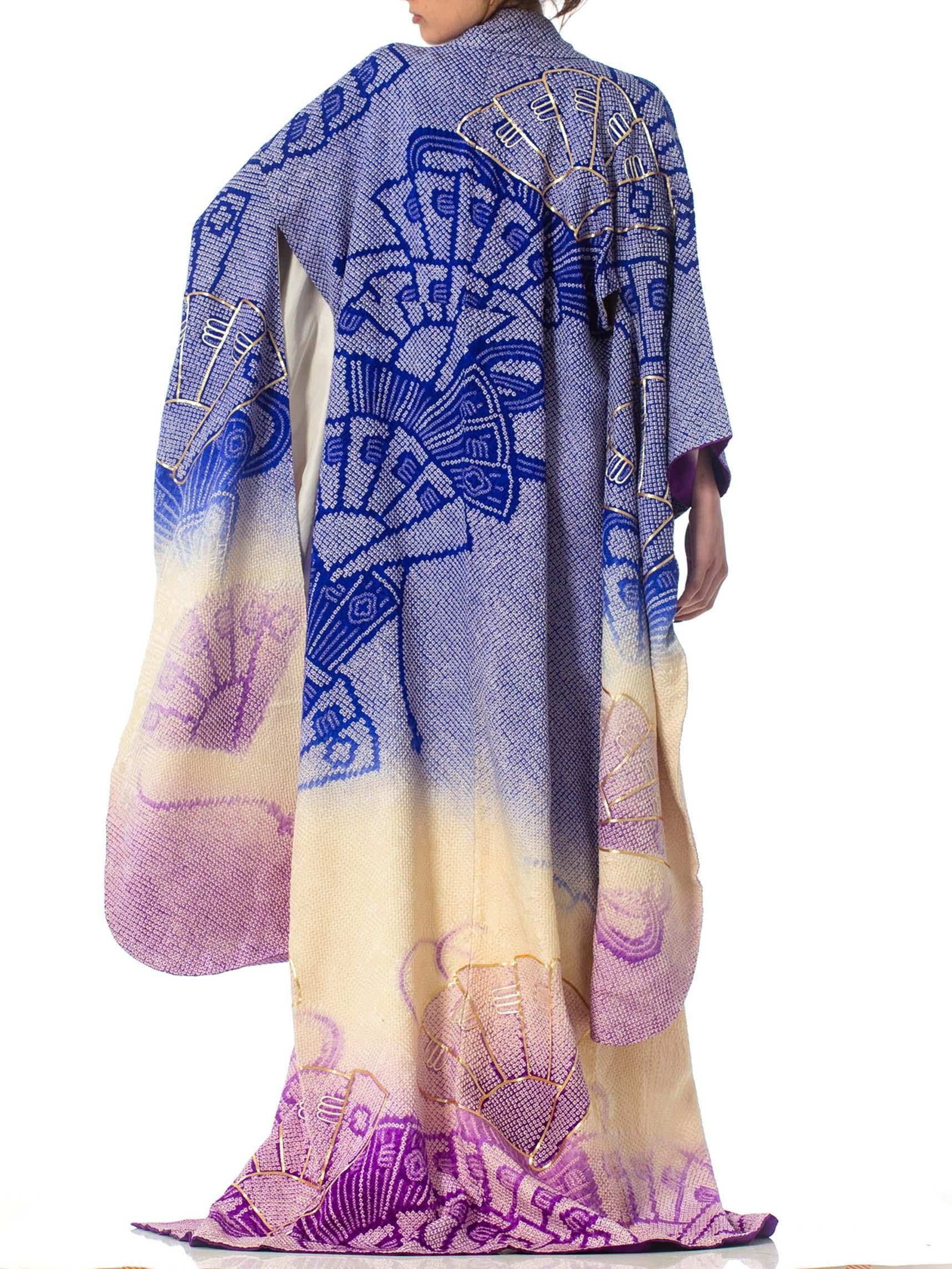 1970'S Japanese Shibori Hand Dyed Ombre Blue To Purple Silk Gold Embroidered  K In Excellent Condition For Sale In New York, NY