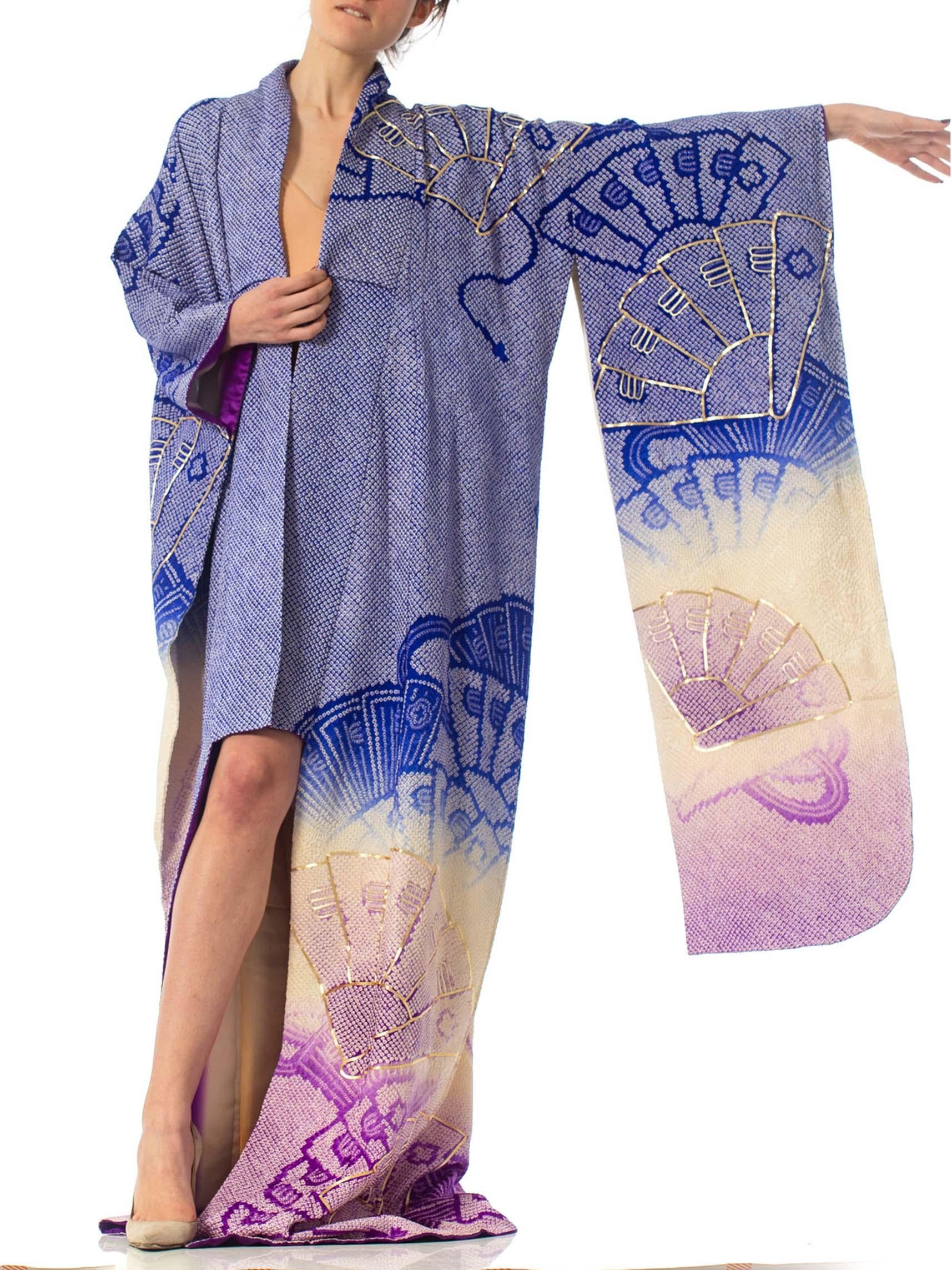 Women's 1970'S Japanese Shibori Hand Dyed Ombre Blue To Purple Silk Gold Embroidered  K For Sale
