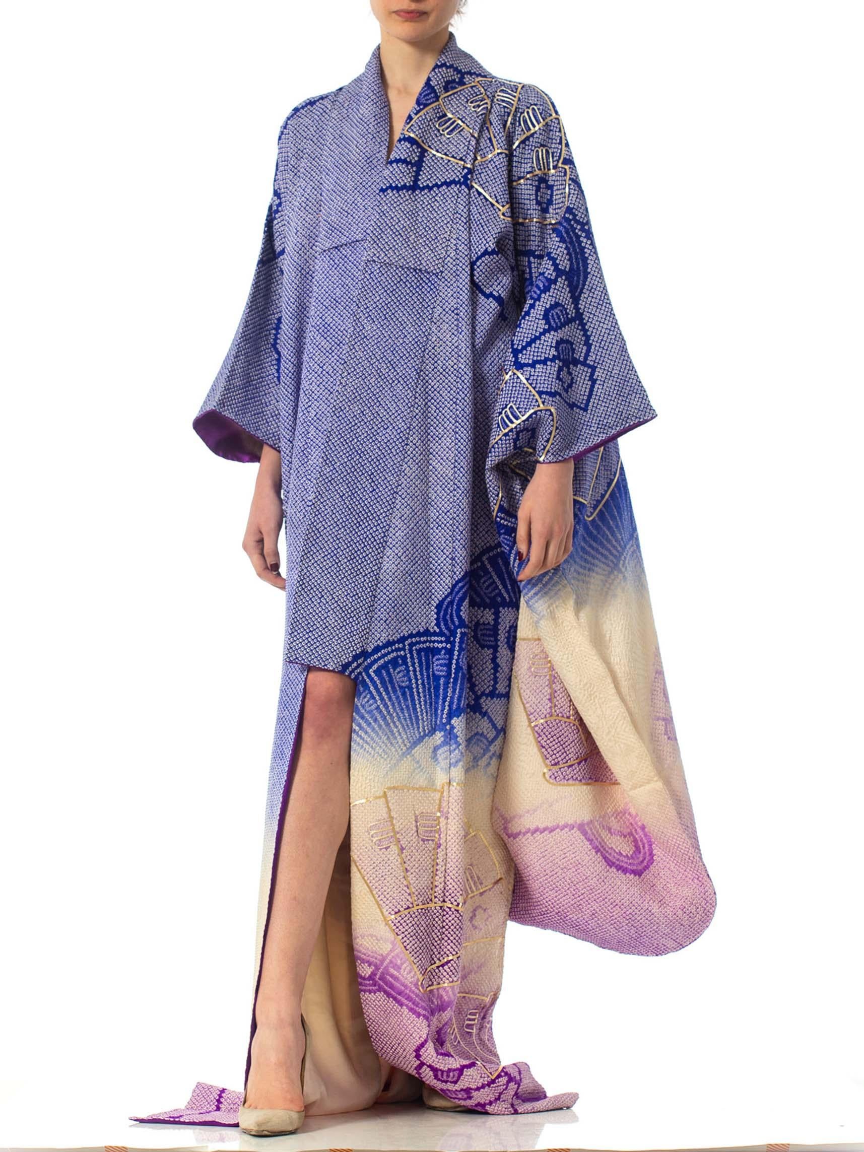 1970'S Japanese Shibori Hand Dyed Ombre Blue To Purple Silk Gold Embroidered  K For Sale 1