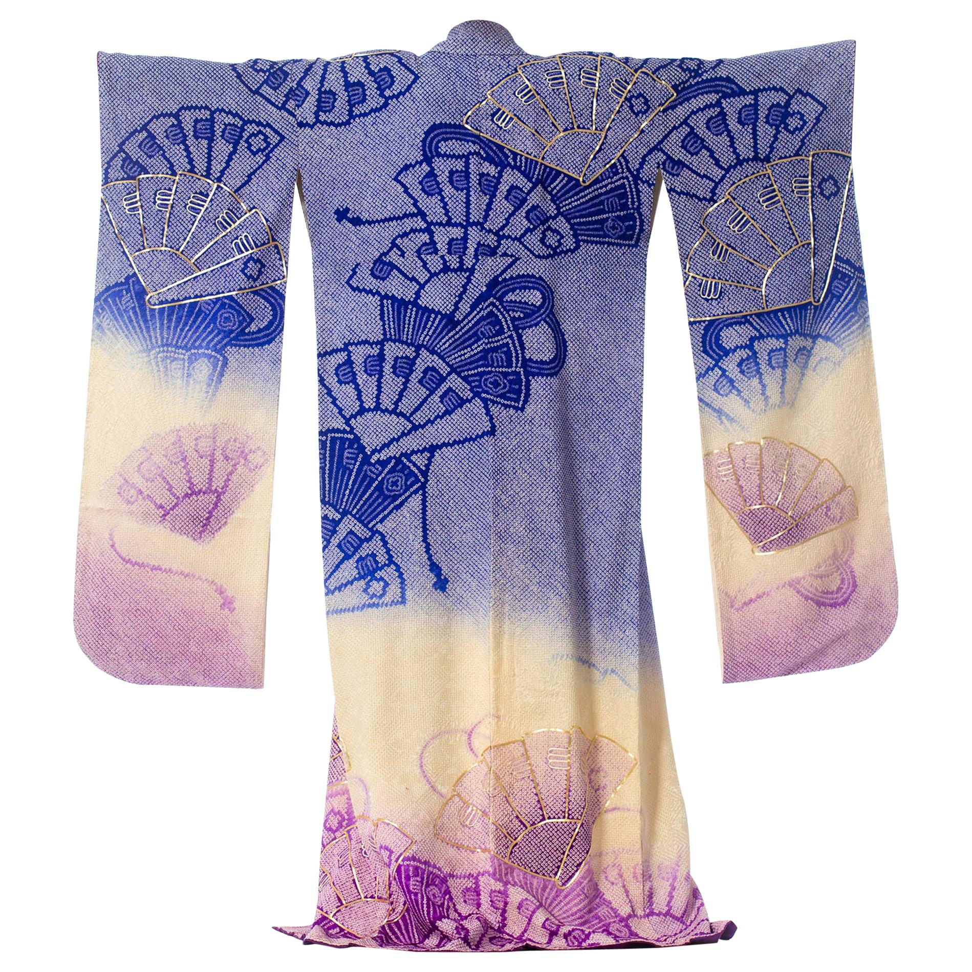 1970'S Japanese Shibori Hand Dyed Ombre Blue To Purple Silk Gold Embroidered  K For Sale