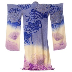 1970'S Japanese Shibori Hand Dyed Ombre Blue To Purple Silk Gold Embroidered  K