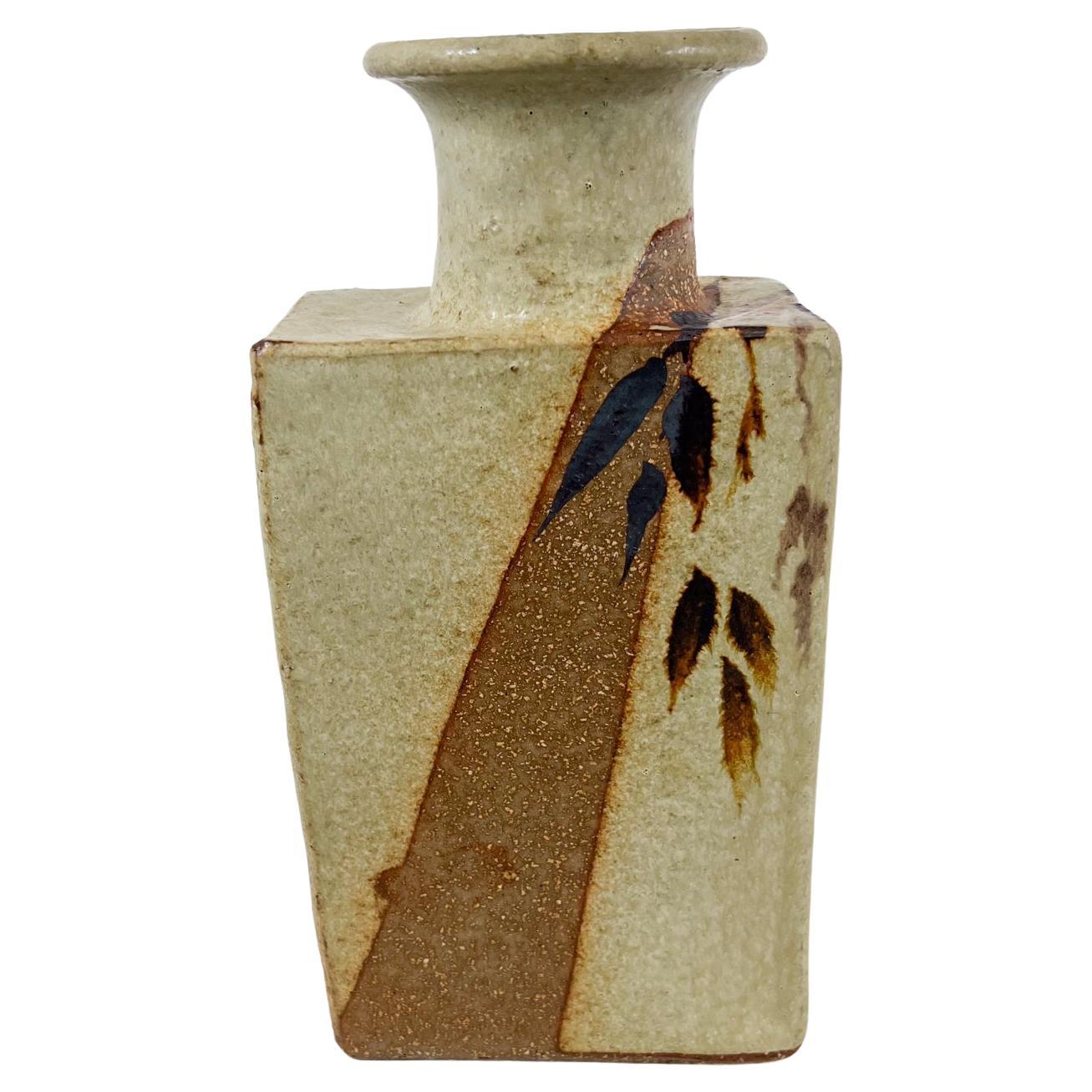 1970s Japanese Studio Flower Art Vase Rectangular Ceramic Pottery