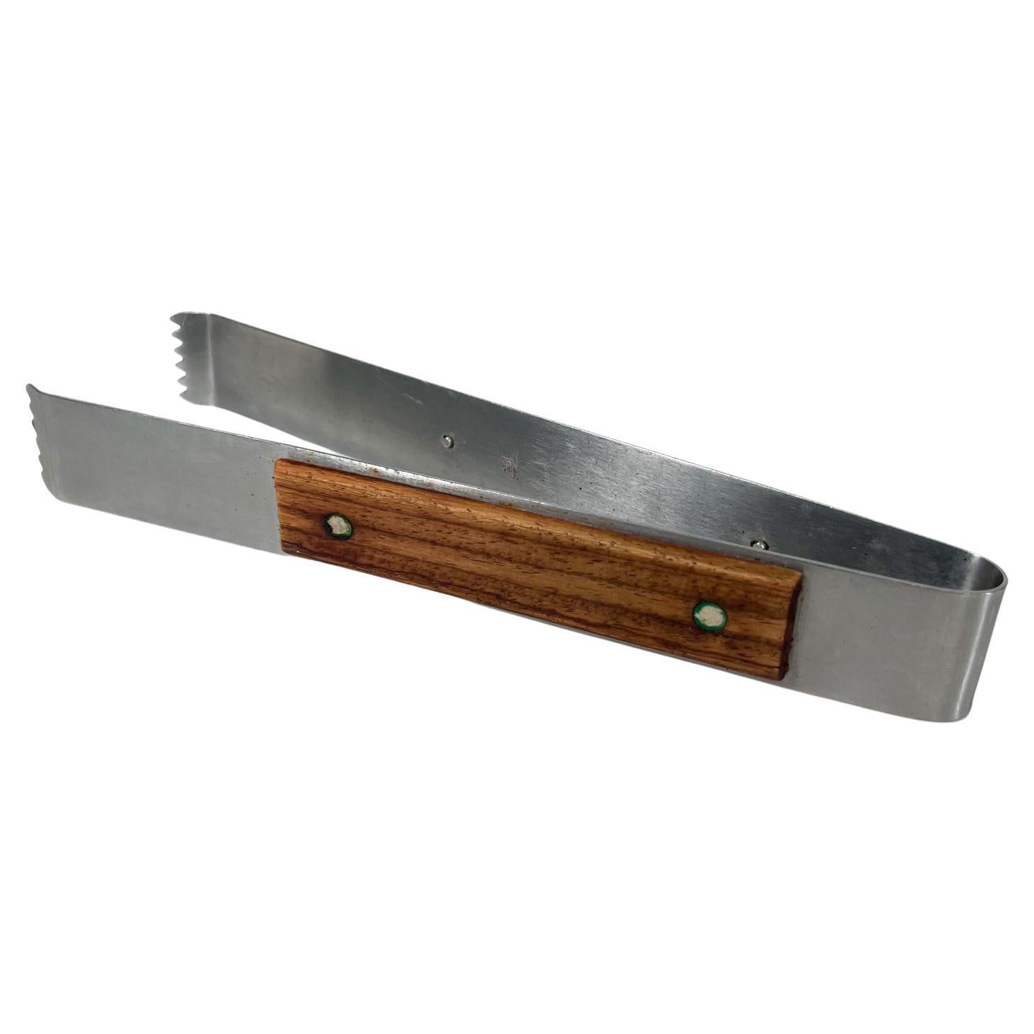 Pinze per ghiaccio da bar giapponesi degli anni '70 Acciaio inossidabile e Wood in vendita