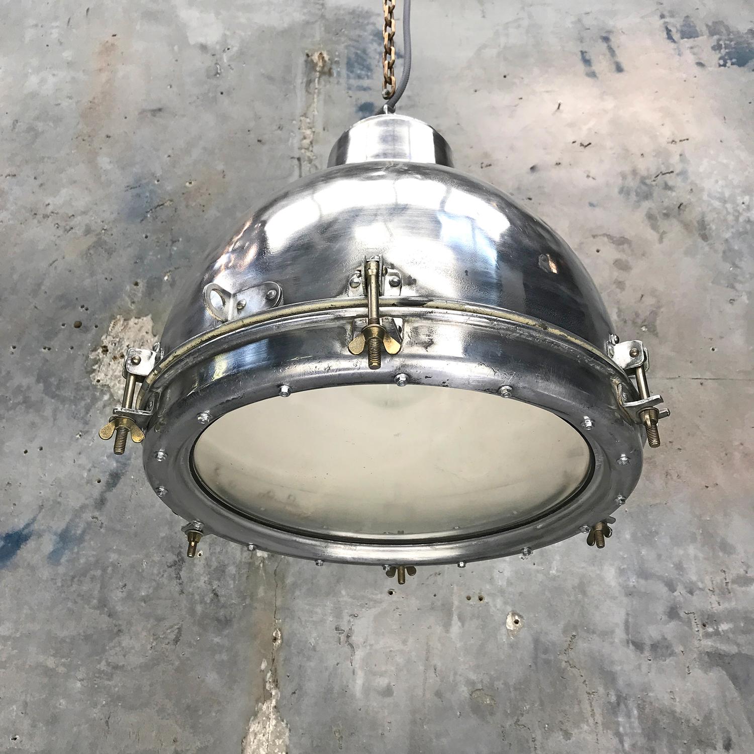 1970s Japanese Vintage Industrial Aluminium Dome Pendant - Convex Glass Shade In Excellent Condition In Leicester, Leicestershire