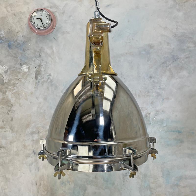 1970s Japanese XL Stainless Steel, Cast Brass & Glass Search Light Pendant For Sale 4
