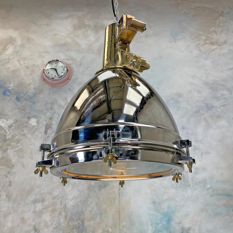 Industrial 1970s Japanese XL Stainless Steel, Cast Brass & Glass Search Light Pendant For Sale