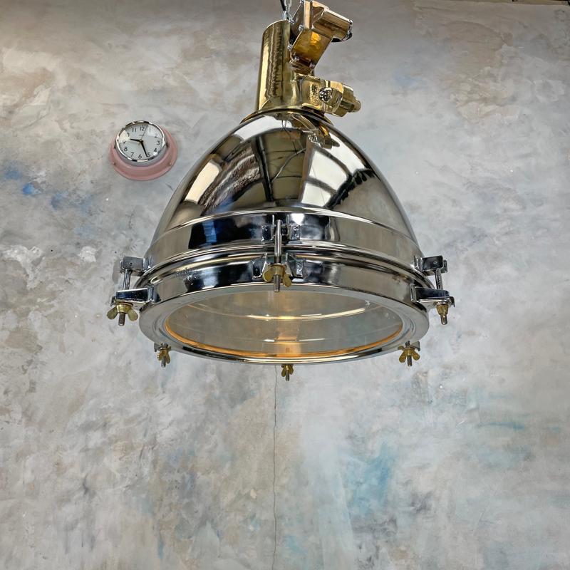 Tempered 1970s Japanese XL Stainless Steel, Cast Brass & Glass Search Light Pendant For Sale