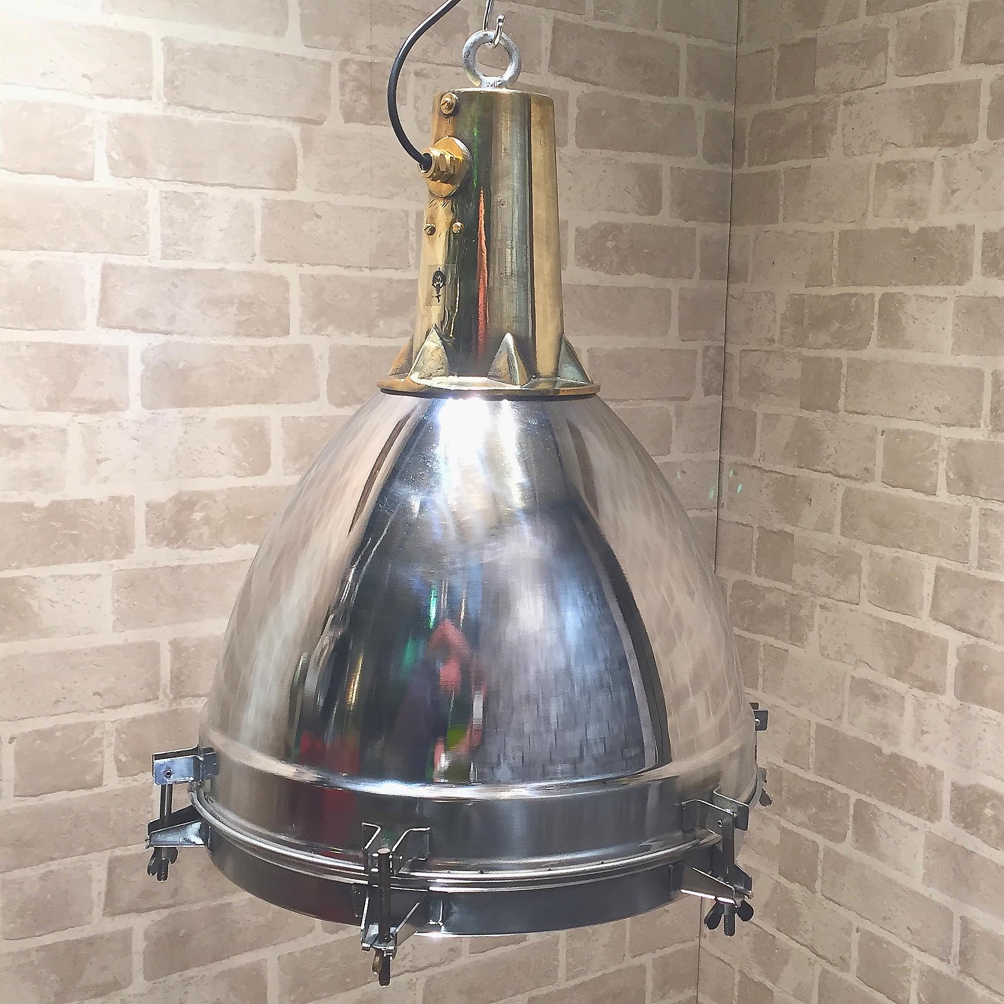 1970s Japanese XL Stainless Steel, Cast Brass & Glass Search Light Pendant In Excellent Condition In Leicester, Leicestershire