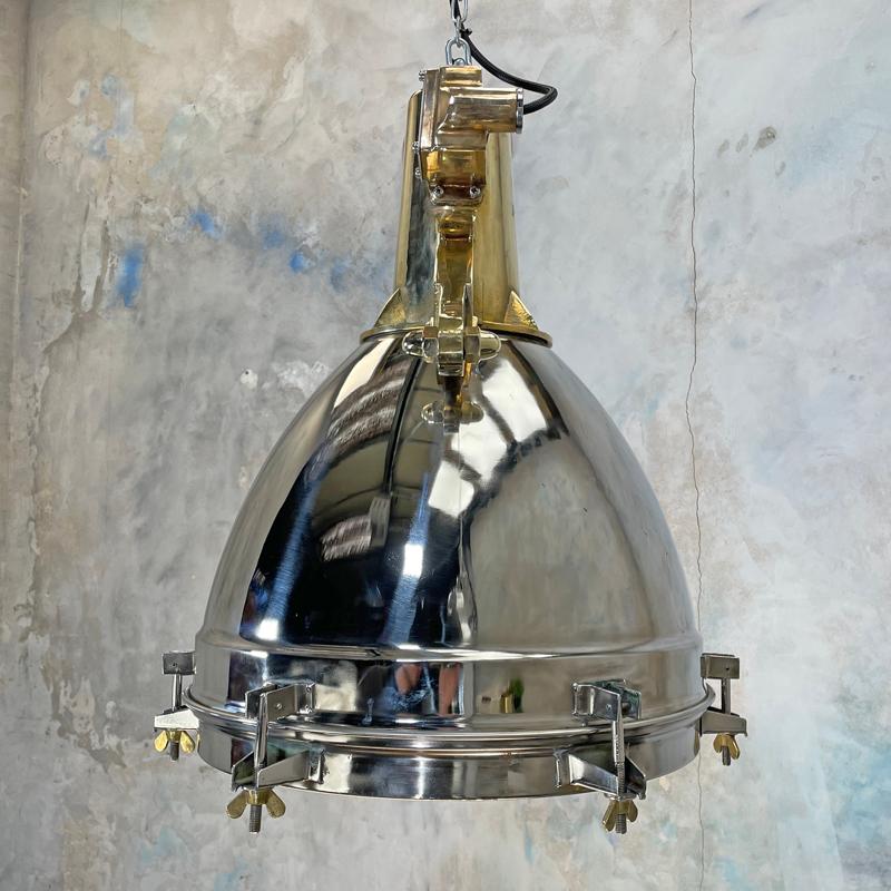 Late 20th Century 1970s Japanese XL Stainless Steel, Cast Brass & Glass Search Light Pendant For Sale